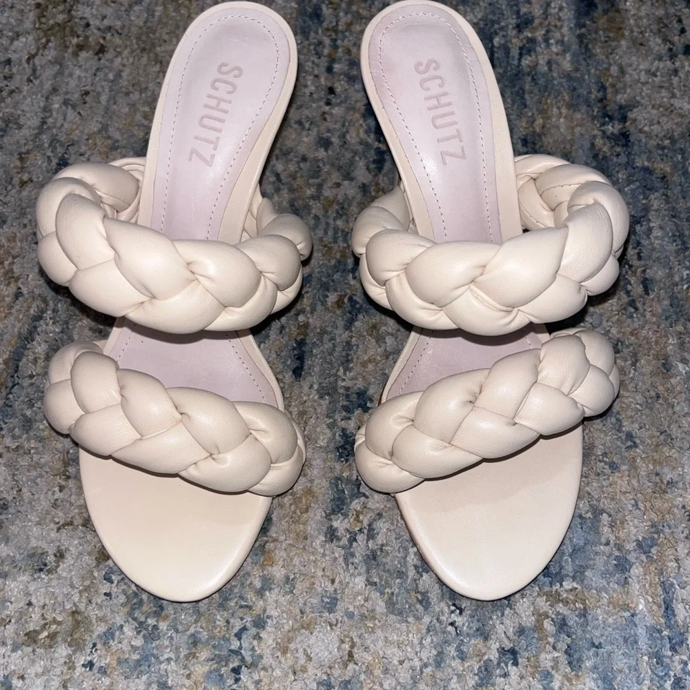 SCHUTZ Women's Braided Cream Colored Heel Slide Sandals Size 7.5
